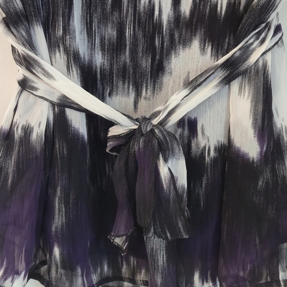 Reitmans XL Purple Black White Ikat Chiffon Cap Sleeve Blouse Belted - Picture 9 of 12